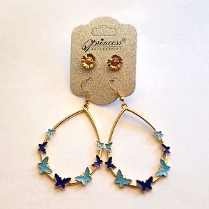 3 for $18 Gold w/ Dark n Lt Blue Butterflies Teardrop Earrings Set NWT